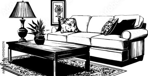 Vintage living room with sofa, cushions, and coffee table illustration
