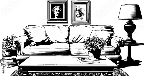 Vintage living room design with sofa, cushions, and coffee table sketch