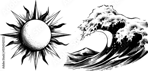 Psychedelic sun and ocean wave sketch for retro design