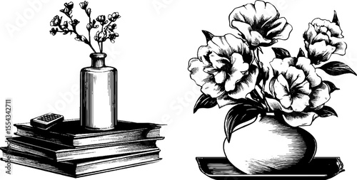Vintage stacked magazines with scented candle and floral arrangements in engraved style for retro decor