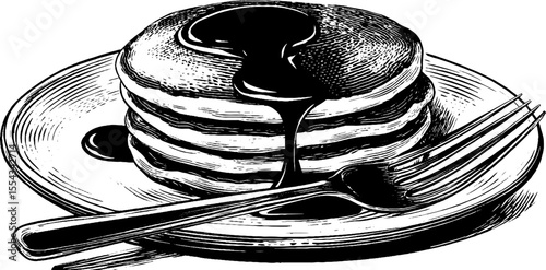 Delicious stack of pancakes with syrup drizzle and fork in retro style for breakfast themes