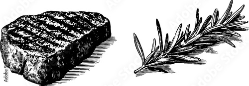 Grilled steak and rosemary vintage design for culinary art and decor