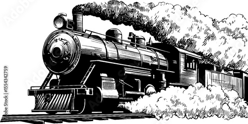 Vintage steam locomotive with puffing smokestack - retro train illustration for nostalgic design