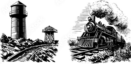 Vintage train and water tower scene with steam locomotive and railway tracks for retro design