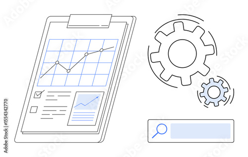 Progress chart on clipboard alongside rotating gears and search bar. Ideal for analysis, optimization, technology, workflow, productivity, business management, and simple landing page