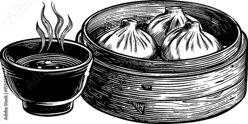 Traditional asian cuisine: steaming dumplings in bamboo steamer with dipping sauce for culinary art