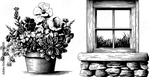 Rustic stone cottage window with floral arrangement for home decor or gardening inspiration