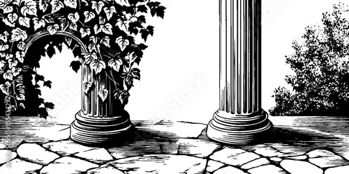 Vintage stone gazebo column with climbing ivy illustration for retro design