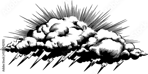 Dramatic storm clouds with lightning and heavy rain illustration for weather themes