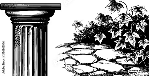 Classic stone gazebo column with climbing ivy illustration for design and decor