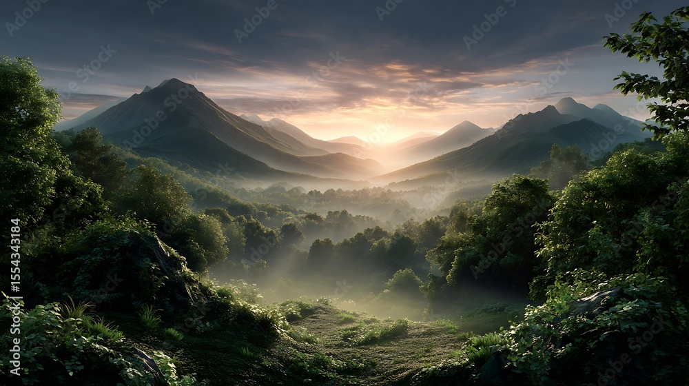 Obraz premium Sunrise in nature over misty hills mountain landscape background forest and green valley wallpaper