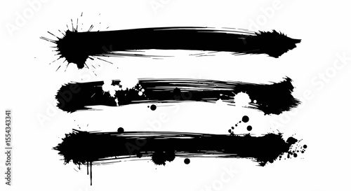 Grunge brush strokes in black ink present artistic design elements