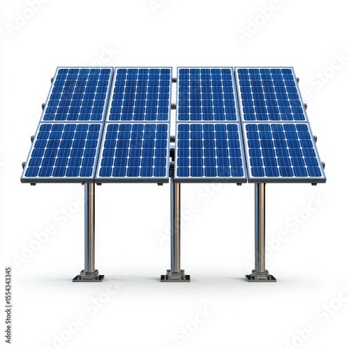 Four Blue Solar Panels on Silver Metal Poles Against White Background