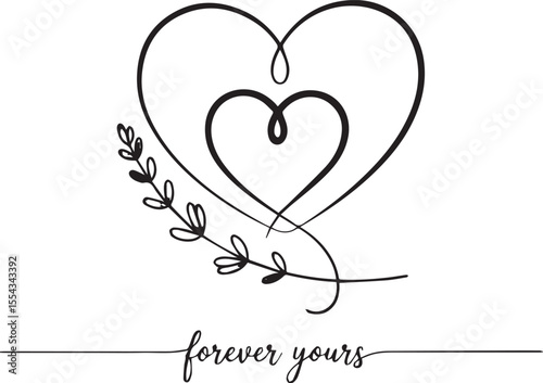 Delicate line art of hearts intertwined with floral detail and the phrase forever yours, elegant design for invitations and crafts.