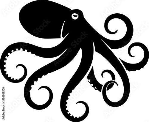 Sleek black octopus silhouette standing out against a stark white background image
