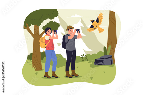 Flat Vector Illustration of Birdwatching in Nature. Illustrations for websites, landing pages, mobile apps, posters and banners