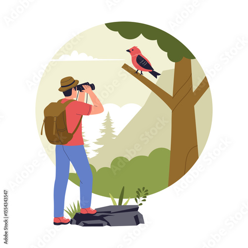 Vector Illustration of Birdwatching in the Forest. Man Observing a Bird on a Tree. Illustrations for websites, landing pages, mobile apps, posters and banners
