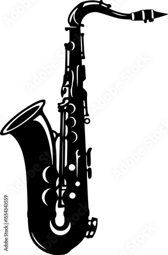 Silhouette of a saxophone stands out against a white background gracefully
