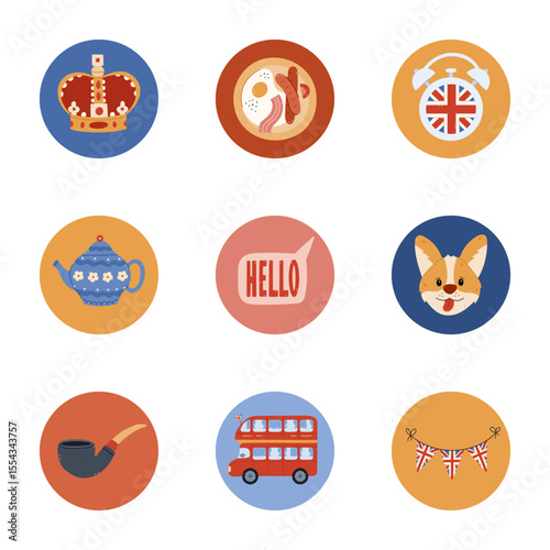 Lovely cartoon round cover icon with Great Britain clipart for different social media, blog, branding. Highlight icon for stories with queen crown, UK flag, red touristic bus, Corgi in vivid colors.