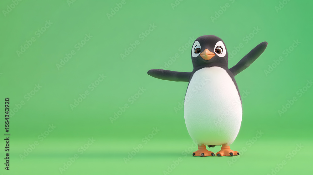Fototapeta premium A cheerful cartoon penguin stands on a vibrant green background, exuding joy and playfulness