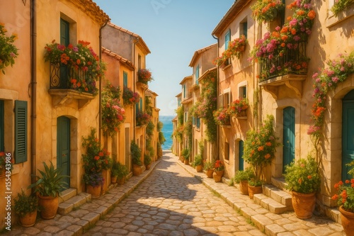 Picturesque alley with colorful flowers leading to the Mediterranean Sea