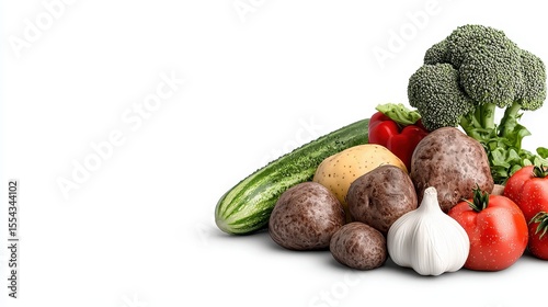 Fresh Vegetables on White Background Potatoes, Tomatoes, Cucumbers and Broccoli