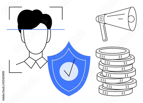 Facial recognition scan, shield with checkmark, coins stack, and megaphone. Ideal for technology, security, personal data, finance marketing communication reliability. Simple flat metaphor