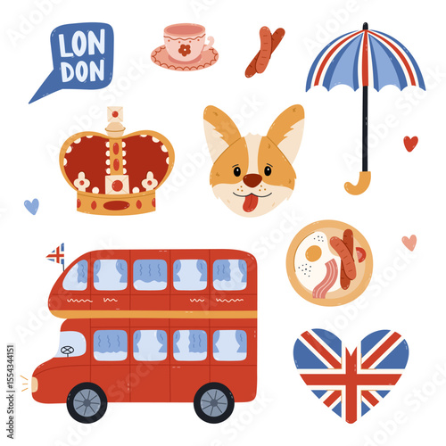 Lovely cartoon England set with popular landmarks, nostalgic symbols of UK. Childish hand drawn touristic double decker bus, umbrella, heart with Union Jack, queen crown isolated on background.