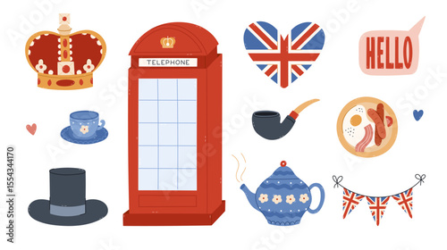 Lovely cartoon London set with Britain landmarks, English symbols. Hand drawn red telephone booth, bunting and heart with United Kingdom flag, royal crown, traditional breakfast isolated on white.