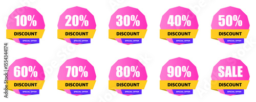 Percentage discount Vector collection, Discount price labels.Percentage discount 10, 20, 30, 40, 50, 60, 70, 80, 90 and sale on transparent background