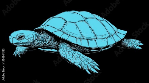 Blue turtle swimming on a black background.