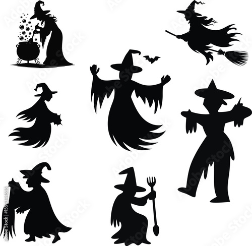 A collection of Witch Vector Silhouette Illustration Set
