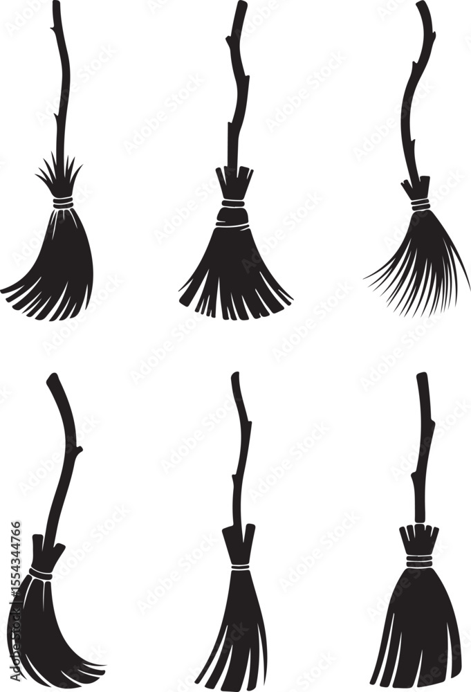Naklejka premium Set of various witch brooms silhouette vector illustration. Halloween broomsticks set. broom Vector