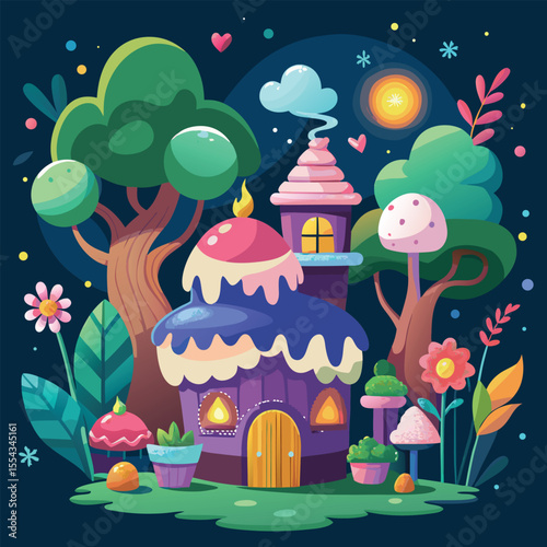 Enchanted Forest Bakery A whimsical illustration of a magical cake-shaped house nestled amongst vibrant flora and fauna.
