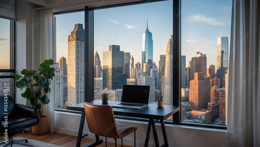 Fototapeta premium Photorealistic view from a window showcasing a city skyline with a stylish home interior in the foreground