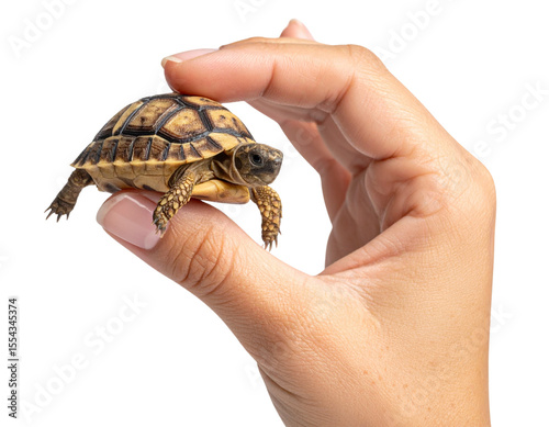 Human Fingers Gently Holding a Tiny Baby Tortoise with Detailed Shell, isolated on transparent background