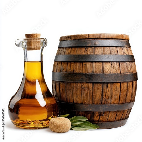Golden Olive Oil in Glass Bottle Beside Rustic Wooden Barrel