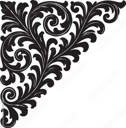 Elegant black ornamental corner flourish showcases exquisite leaf and spiral details against a clean white backdrop.