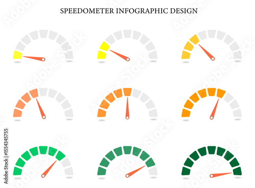 Speed metering icon vector illustration isolated on white background. Green yellow and red, low and high barometers. Normal, Medium and High speed measurement tool.