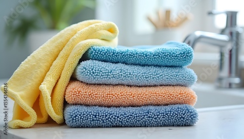 Stack of Colorful Microfiber Cleaning Cloths in Bright Kitchen