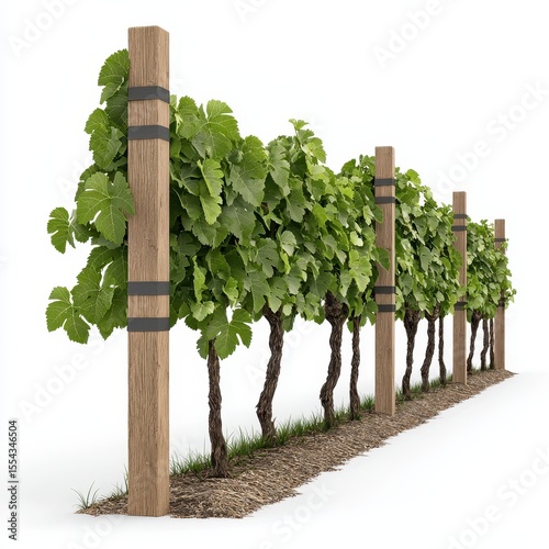 Green Grapevines Growing on Wooden Posts Against White Background
