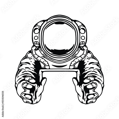 Black and White Astronaut Holding Frame, Space Suit Vector Illustration.