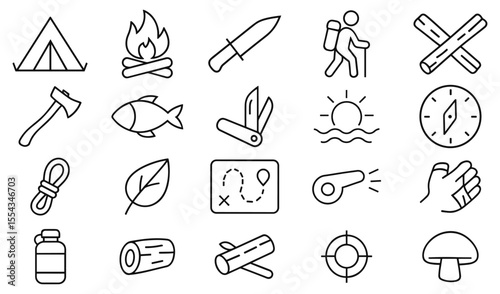 Outdoor adventure elements line art collection symbolizing exploration survival and connection with nature