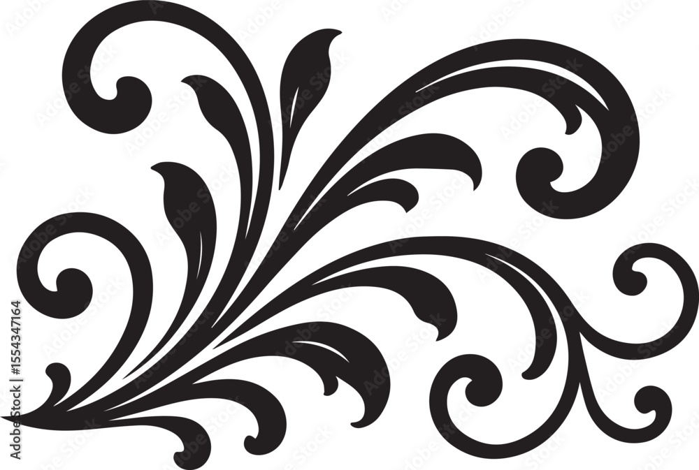 Fototapeta premium Black floral swirl design element with delicate tendrils and leaves for creative projects and decoration.