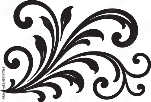Black floral swirl design element with delicate tendrils and leaves for creative projects and decoration.