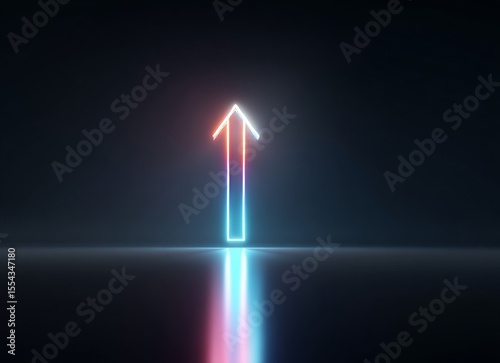 The ascent of a resplendent neon arrow is accompanied by the reflection of its glow on a dark, glossy expanse, symbolizing an upward path of growth and progression