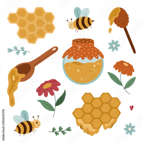Lovely cartoon set about honey made, storage and producing. Cute hand drawn clipart of honey glass jar, honeycomb with flowing syrup, childish bee for poster, design isolated on white background.