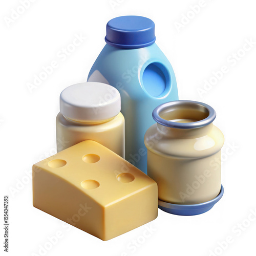 3d realistic dairy products render milk yogurt cheese and butter isolated on transparent background