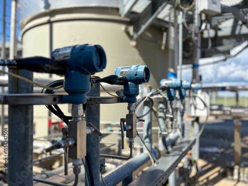 Photos A close-up photo of multiple pressure transmitters installed in an industrial facility