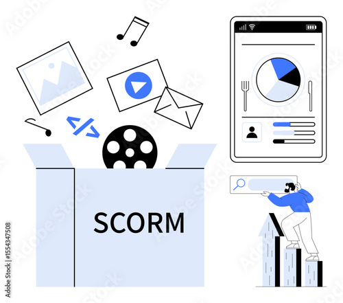 SCORM box releasing multimedia files, music, video, emails, and code. Mobile app with analytics and user profile. Person searching atop chart growth. Ideal for e-learning, analytics education